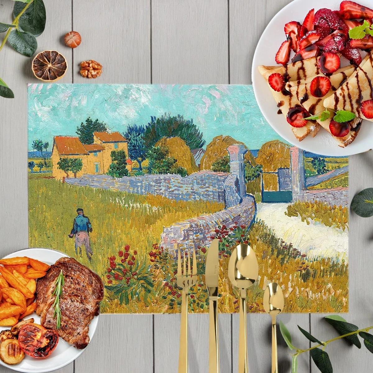 

Oil Painting Art Placemat Van Gogh Sunflower Countryside Style Printed Dining Table Tableware Insulation Mat Home Decoration 1PC-32x42cm