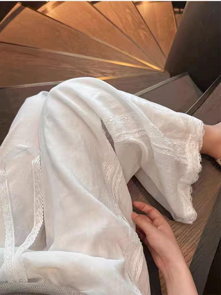 Damen Weiß Leinen Spitze Bestickt Weite Hosen - Sommer 2026 Kollektion