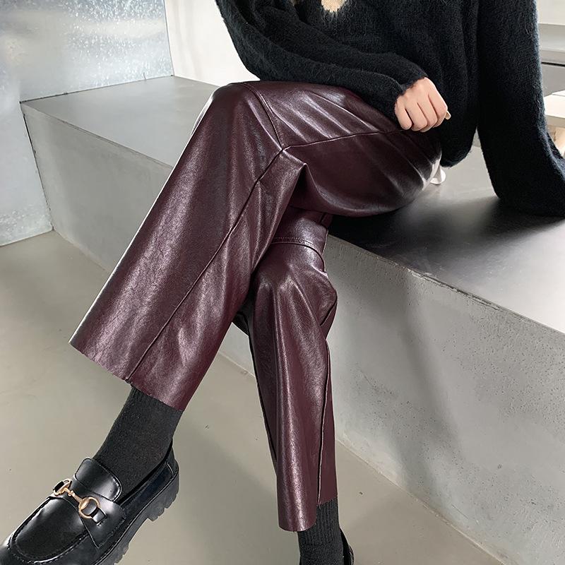Women's Fall and Winter PU Leather High-waisted Draping Nine-minute Pants Leisure Straight Temperament Pants