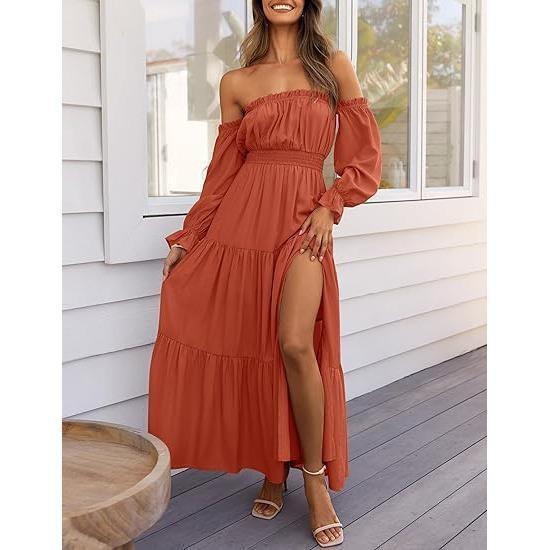 European and American new bohemian sexy off-the-shoulder dress with pleated side split long skirt