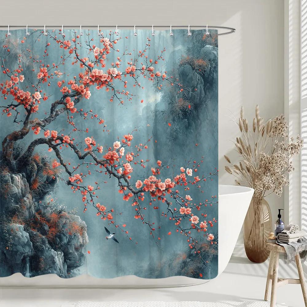 Zasłona prysznicowa w stylu chińskim Ryby Koi Kwiat Wiśni Słońce Fala Morska Ośmiornica Krajobraz Poliestrowa Zasłony Dekoracja Łazienki