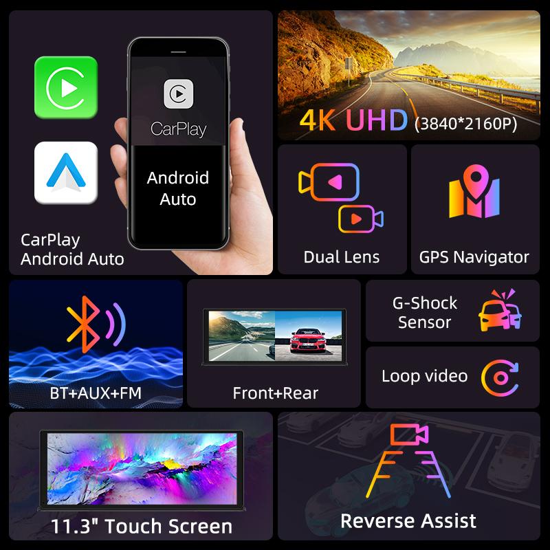 11.3" Car DVR 4K Dash Cam Wireless Carplay Android auto Ai Screen Dual Len Video Recorder 1080P Rear view Camera GPS Navigation