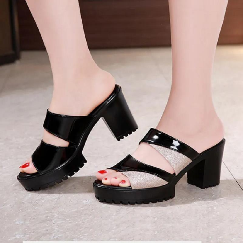 Fashion sandalias femininas women classic peep toe black pu leather square heel shoes lady fashion comfort anti skid heel shoes ea485