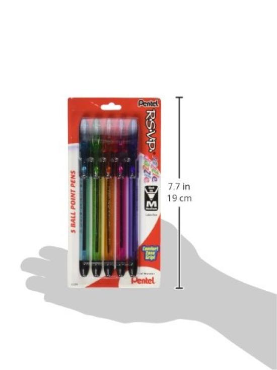 Pentel Colorful Ballpoint Medium Black R.S.V.P. Pens, Nib, Ink, 5-Pack (BK91RDBP5M)