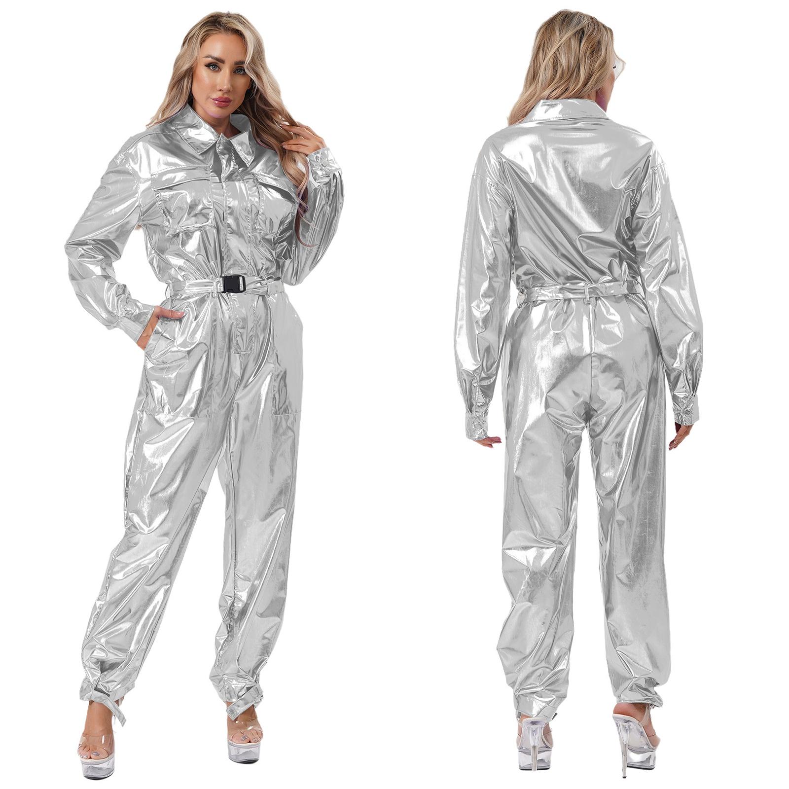 

S-3XL High Waist Metallic Jumpsuit for Women: Complete Turn-down Collar Overalls with Belt, Perfect for Club & Halloween XXL