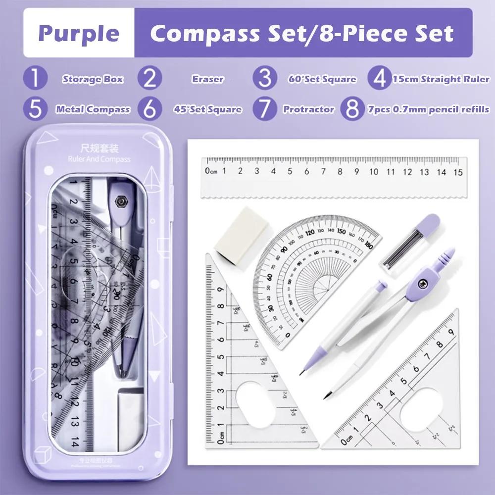 Portable 8PCS/Set Plastic Ruler Compasses Set Transparent Eraser Protractor Set Square Straight Ruler Measuring Ruler Students