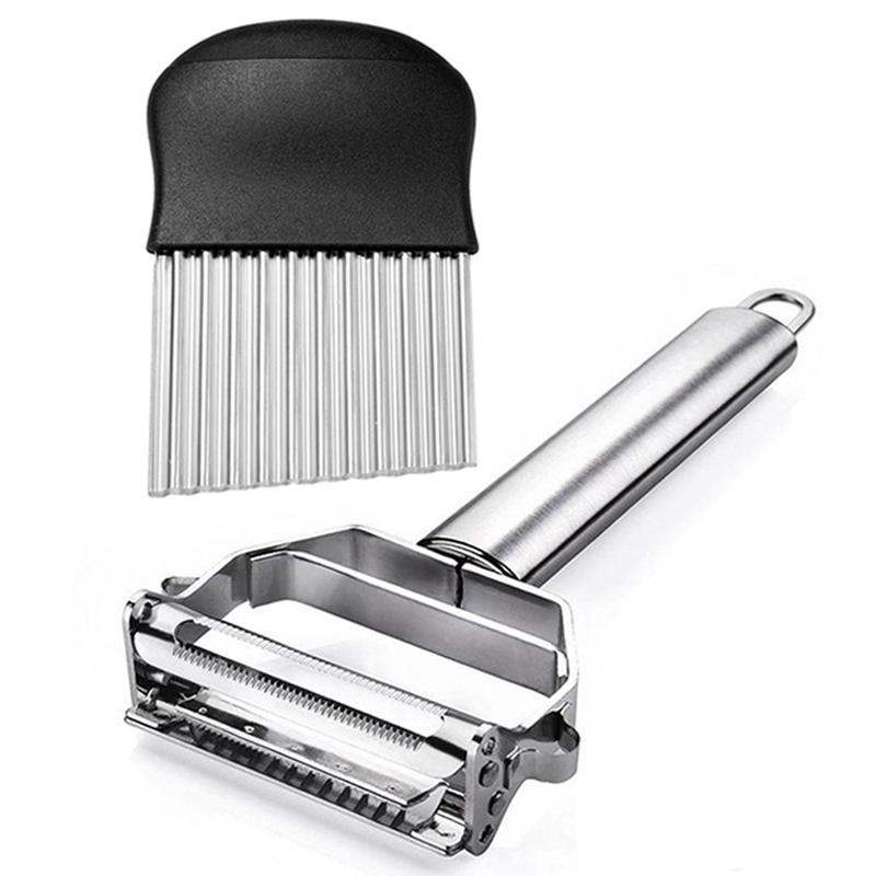 2 Stück Gemüseschäler Kartoffelschneider Wellenmesser Pommes Frites Karotten Zwiebeln Hobel Halter Gemüseschneidwerkzeuge Küchenhelfer