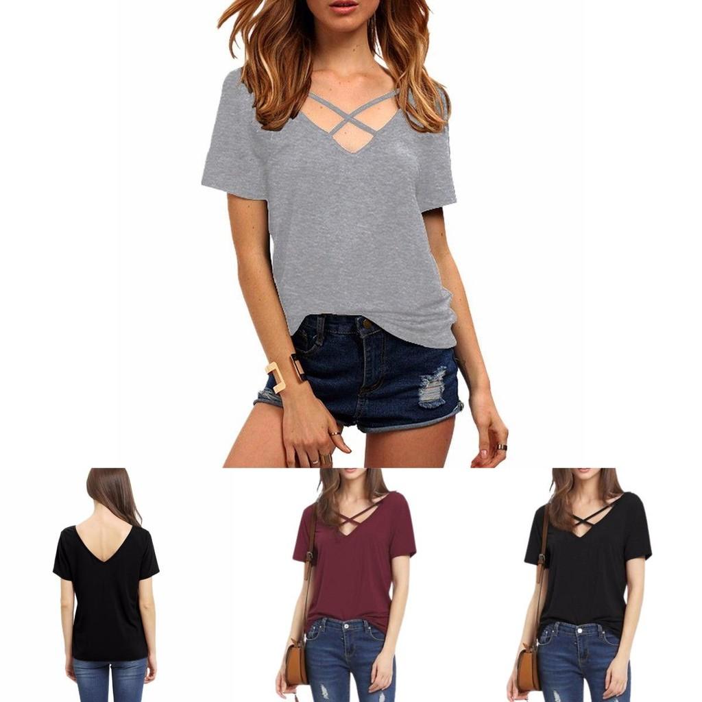 Stylish Loose Fit V-neck Short Sleeve Cotton T-shirt For Women Plus Size