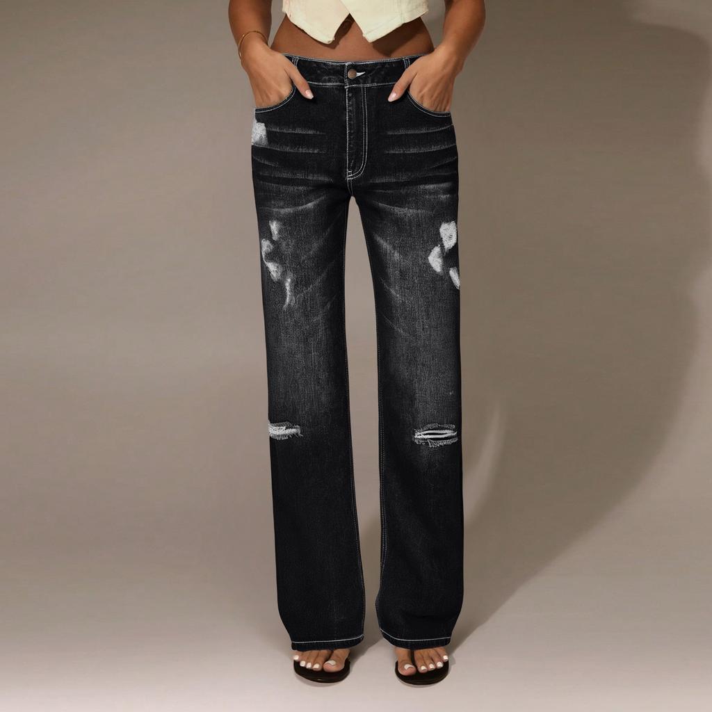 Women's High Waist Straight Loose Lace Stretch Lightweight Fashion Jeans
