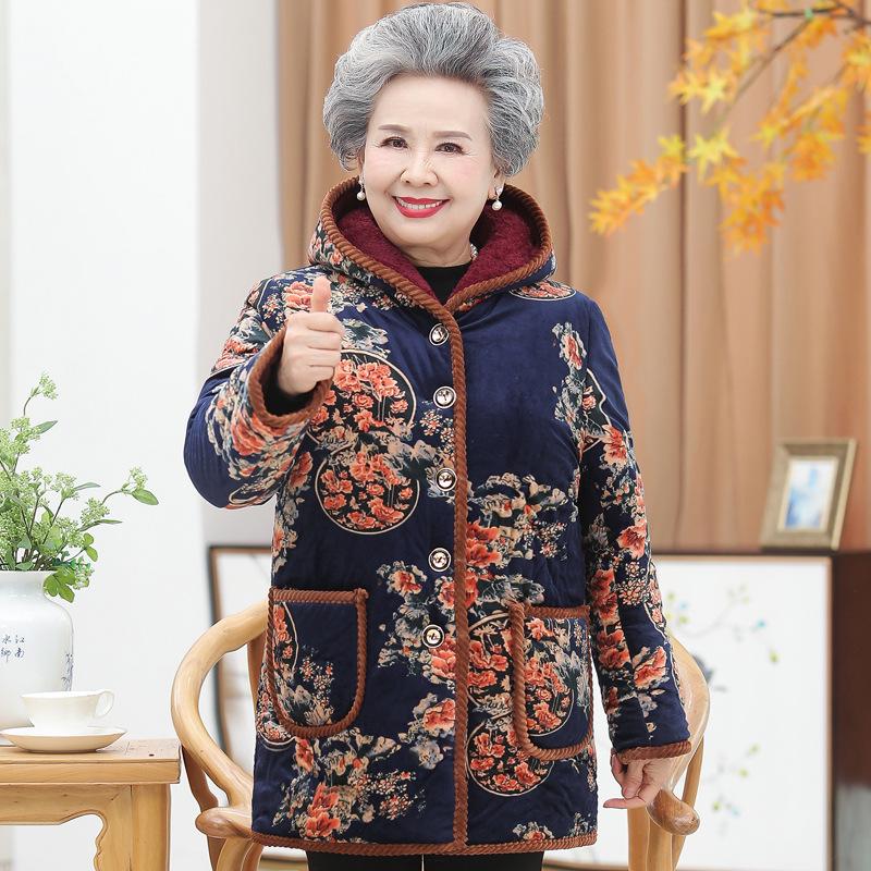 Women's Mid-Length Winter Jacket: Grandma Style, Fleece-Lined, Thickened Cotton for 60s-70s Cold Protection.