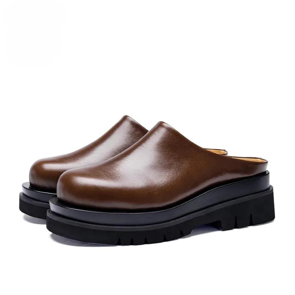 Luxury Leather Platform Man Half Slippers with Heels Genuine Leather Summer Wedding Business Social Shoes Outside Sandals