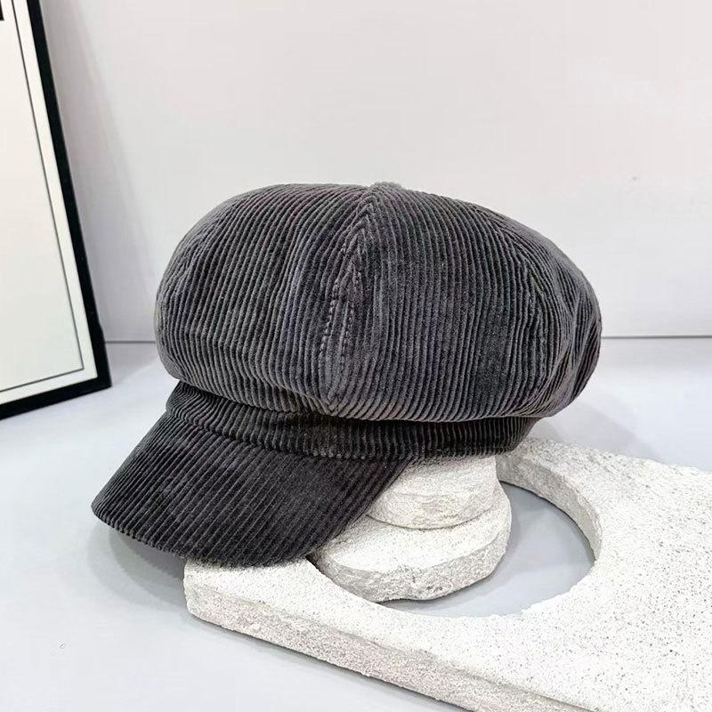 Jesień i Wiosna Retro Jednokolorowy Sztruksowy Beret Damski Koreański Wszechstronny Ośmiokątny Kapelusz Retro Beret z Daszkiem