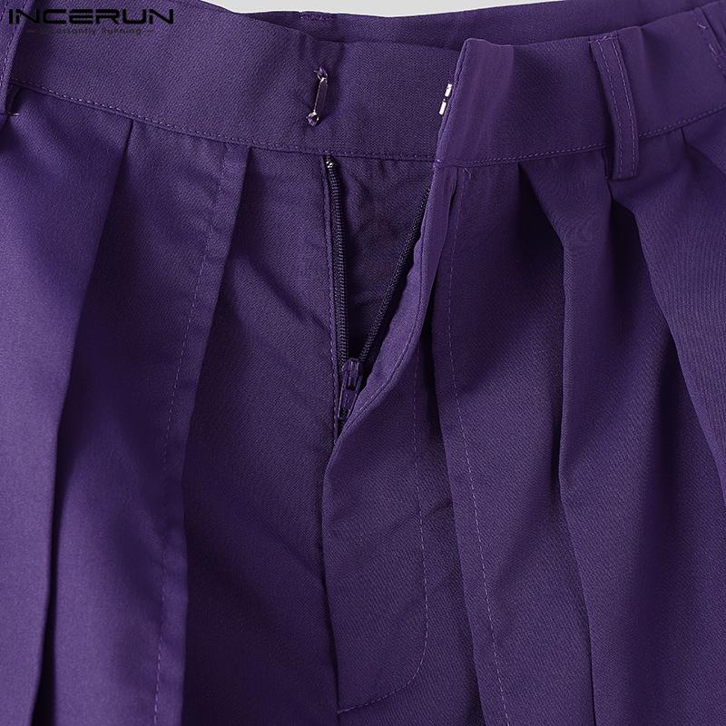 INCERUN Men Solid Color Zipper Waist Pleated Layers Casual Wide Legs Pants Trousers