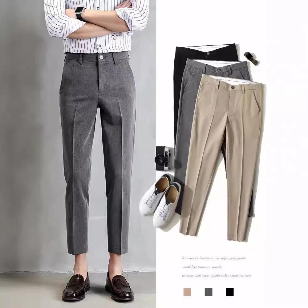 Men's Elastic Straight Leg Pants, Business Casual Cropped Pants, Men's Formal Suit Pants, Solid Color