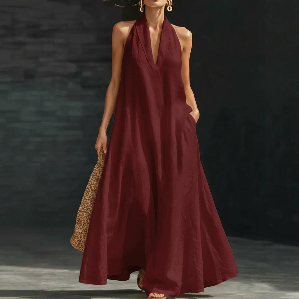 2026 summer neck V-neck cotton and linen dress, loose sleeveless vacation style pendulum long dress summer linen dress