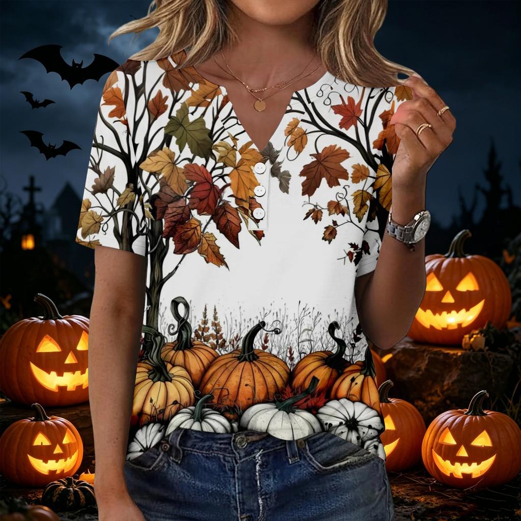 Women's Halloween Printed Loose Fit V Neck Short Sleeve Top with Pocket Casual Lightweight Blouse for Everyday Wear