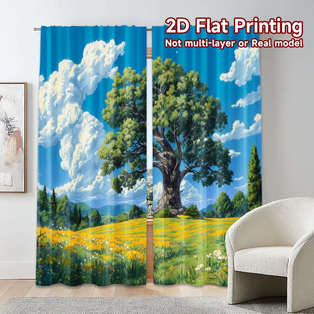 2pcs, 2D FLAT PRINTING Curtains (Without Rod) Majestic Meadow Modern Pattern Curtains Yarn Curtains Art Deco Festive for