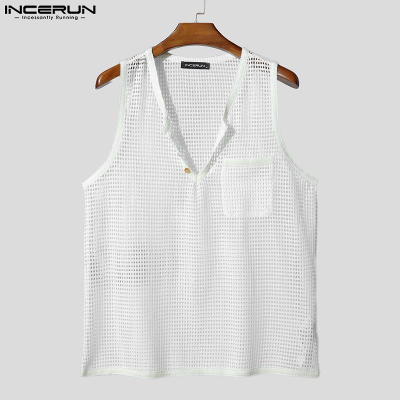 INCERUN Men V Neck Sleeveless Hollow Mesh See Through Party Beach Tank Tops