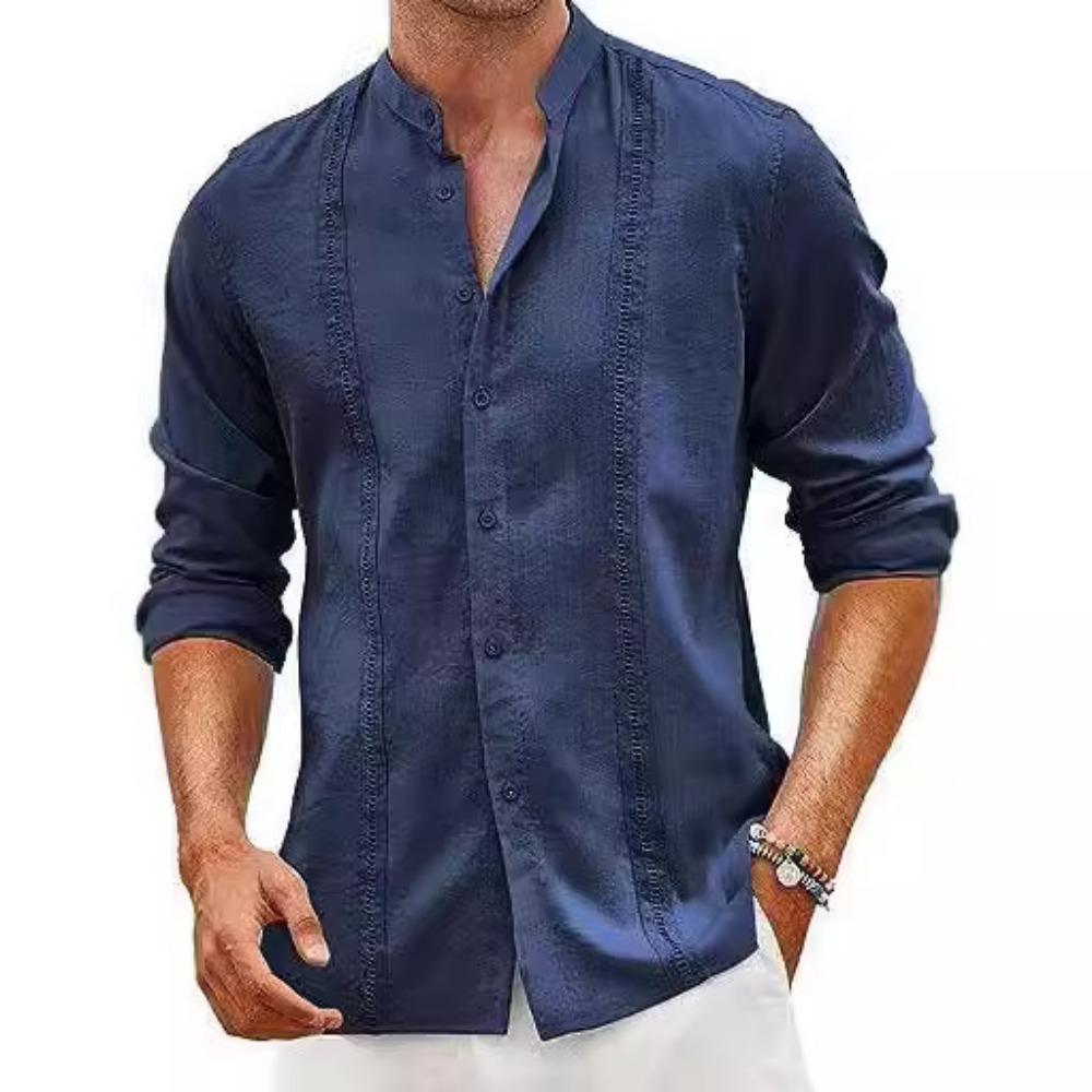 Men's Cotton and Linen Solid Color Casual Long Sleeved Shirt