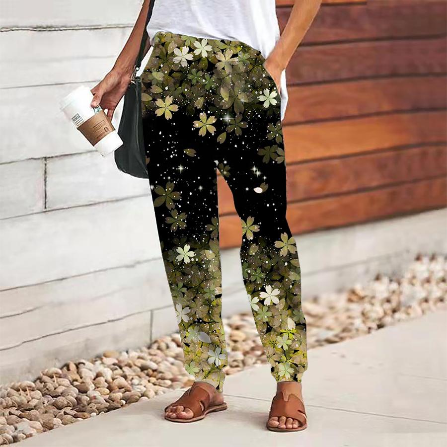 Women Flower Printing Pants Lace Up Elastic Waist Loose  Trousers Casual Long Pants Trousers with Pockets