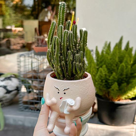 Funny Face Toilet Planter Decorative Resin Head Plant Pot Cute Face Planter with Drainage Hole for Succulents Small Houseplants Outdoor Use