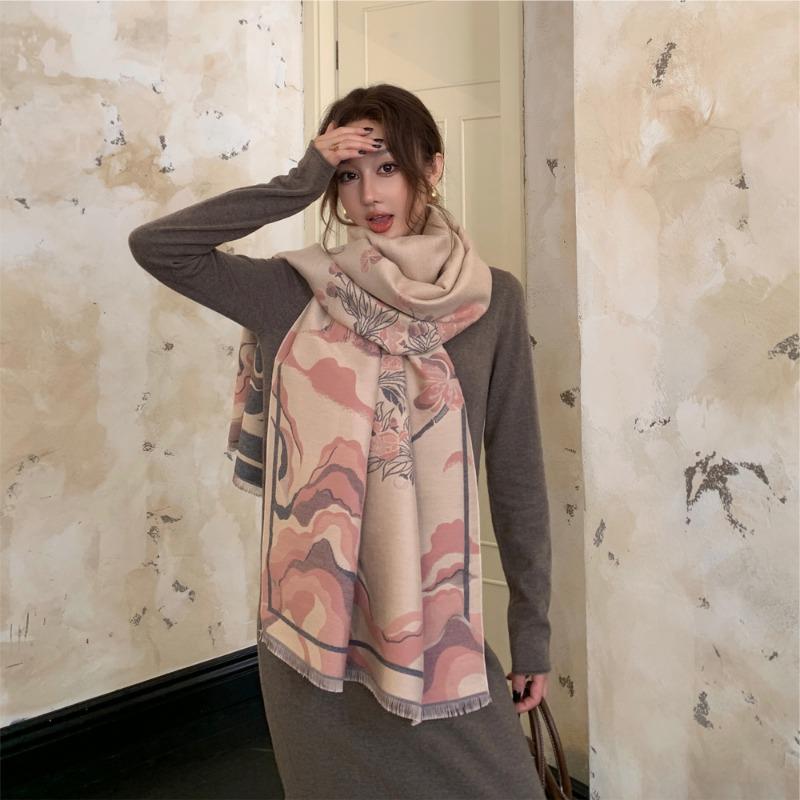 

Осень и зима новый пейзажный шарф-жаккард двусторонний элегантная атмосфера шаль женский утолщенный теплый шарф 190cm