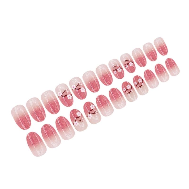 24 Pcs Simple Artificial Nail Short Round Full Cover False Nail Glittering Stick on Nail Peach Blossoms Press On Nail