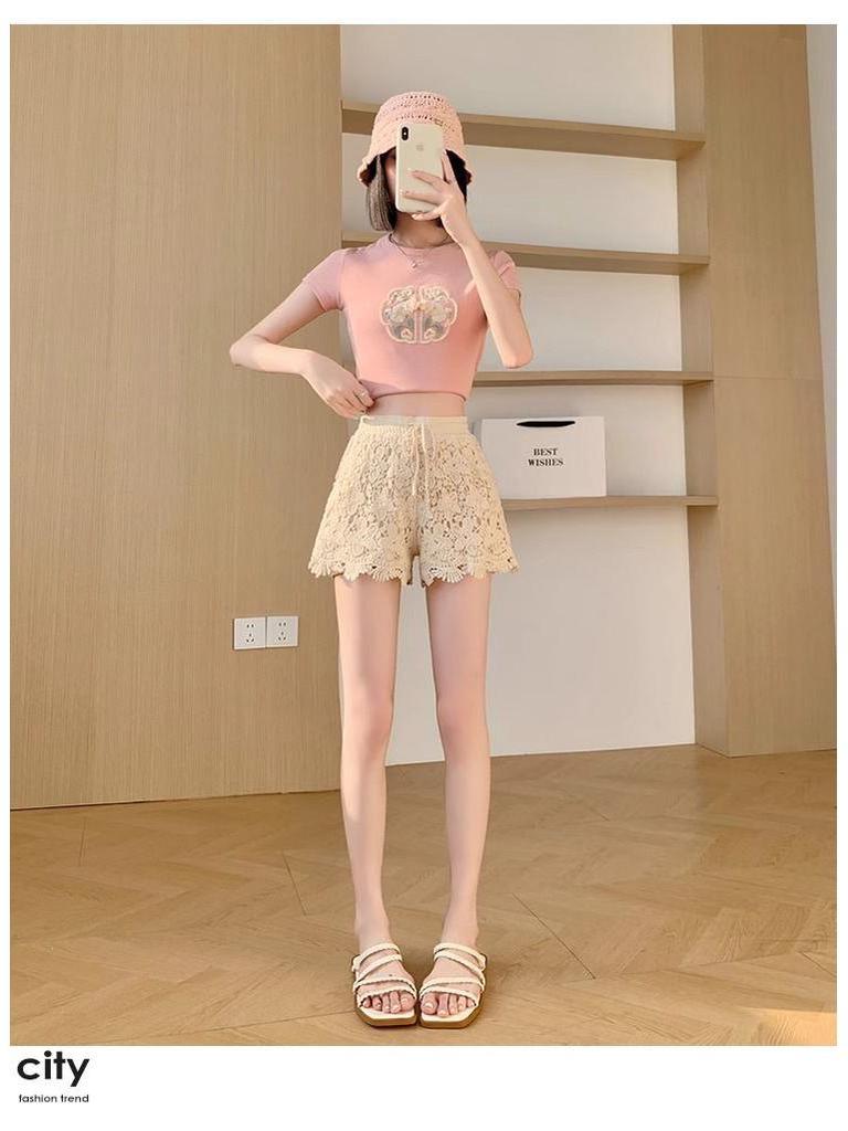 Women's Summer High-Waist Lace Sports Shorts - Casual, Loose, A-line, Wide-Leg, Three-Quarter Pants
