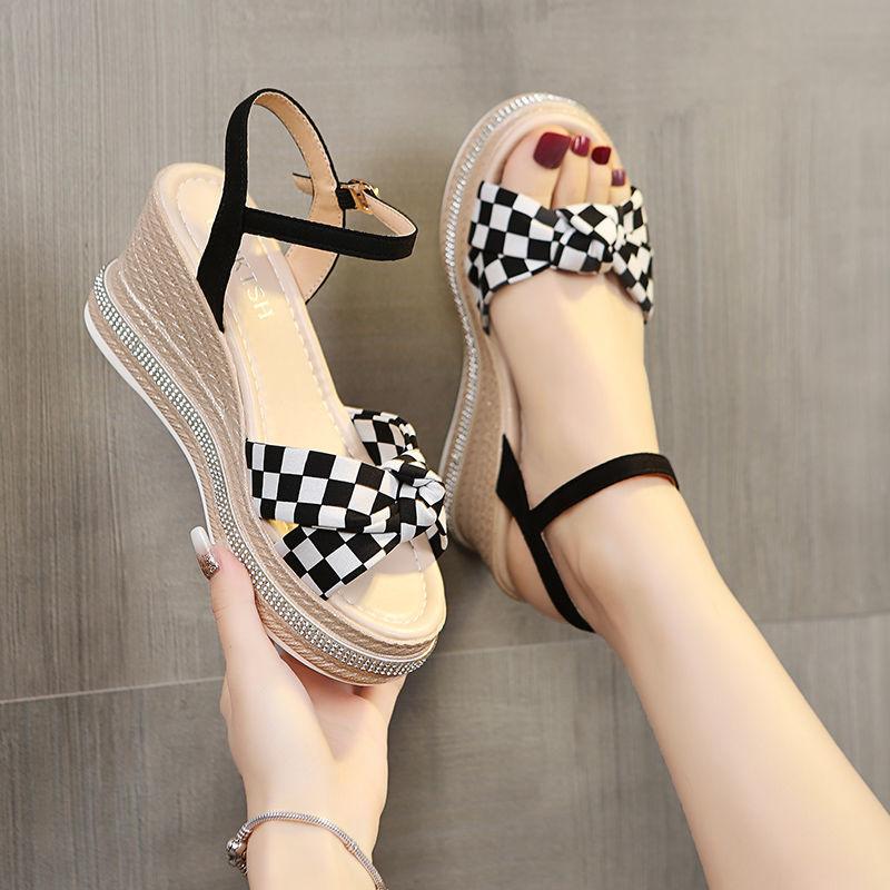 Sandały na koturnie Damskie Letnie Wysokie Obcasy Peep-toe Krata Moda Jedno Słowo Pasek z Klamrą Wodoodporna Platforma Buty Damskie