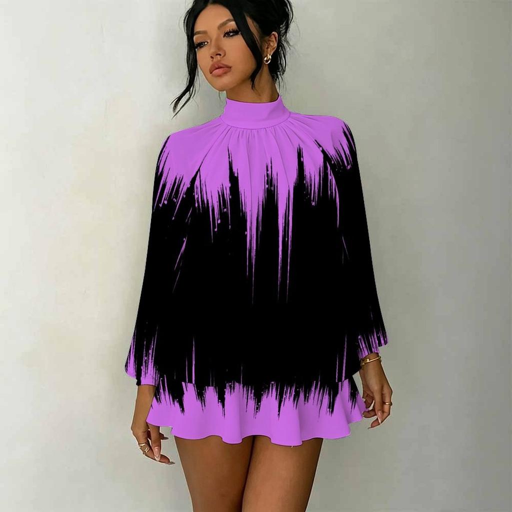 Women's 3D Gradient Brushstroke Print Mock Neck Long Sleeve Dress, Raglan Sleeve Fake Two Piece Mini Dress