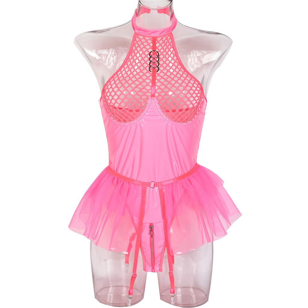 European Sexy, PU Patent Leather Mesh, Splicing Neck, Underwear Mesh, Skirt Skirt, Garter Belts, Detachable Jumpsuit