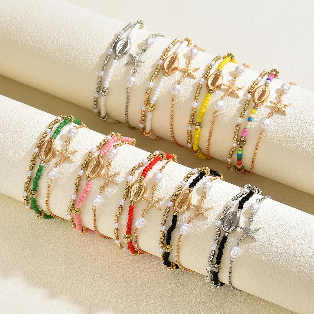 European and American Women's Bracelet, Fashionable Ocean Style Beaded Design Shell Starfish Bracelet Set, Versatile Jewelry.