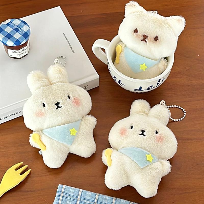 Cute Cartoon Kitten Bunny Plush Toy Keychain Kawaii Soft Stuffed Doll Keychain Pendant Car Key Ring Backpack Decoration Gifts