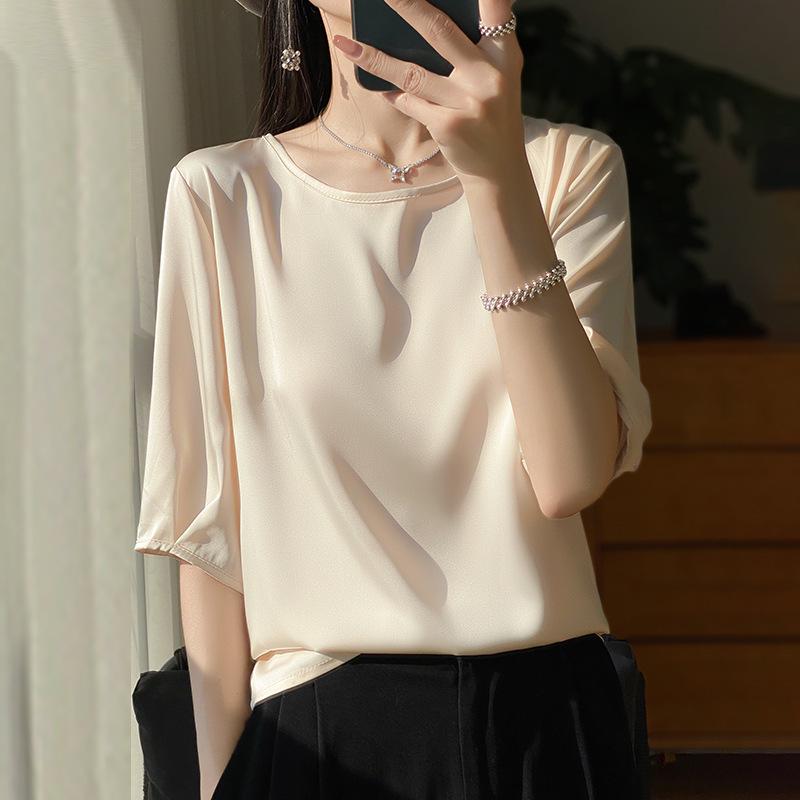 Satin Round Neck Half-Sleeve Loose T-Shirt for Women