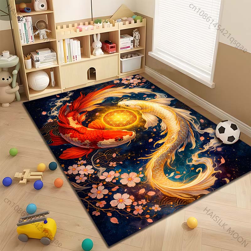 Multiple sizes Red and white koi circling orb Carpet for Living Room Bedroom Sofa Home Decor Rug Non-slip Floor Mat Luxury Gift