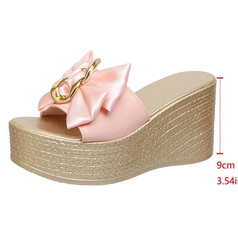 White Satin Bowknot Chunky Platyform Sandals for Women Chain Decor Wedge Heel Sandals Woman Thick Bottom Summer Slippers