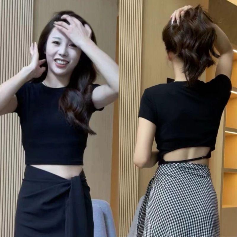 

French Style Retro High Waist Shoelace Plaid Bag Arm Skirt Black Cut Out Tops S