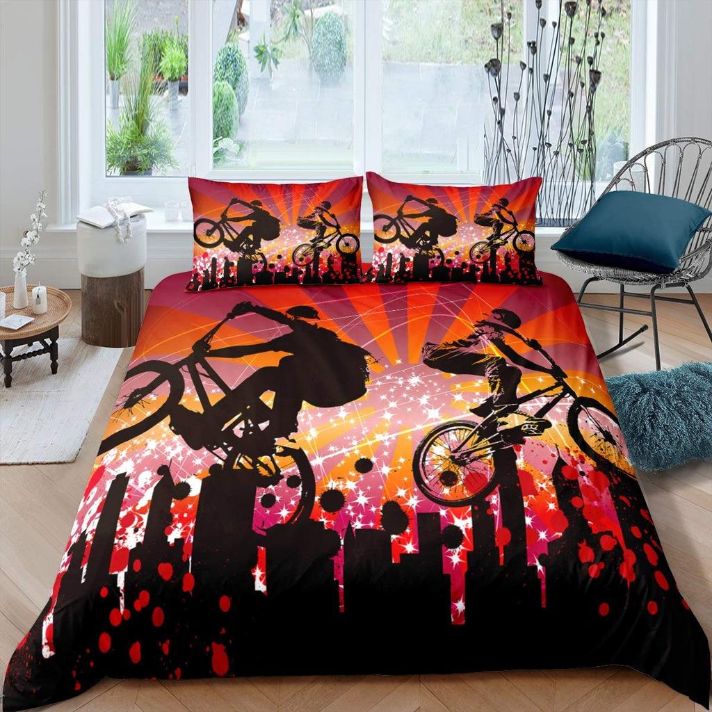 Bicycle Duvet Cover Set Motocross Racer Bedding Set King Size Mountain Bike Comforter Cover Extreme Speed Sports Bedspread Cover
