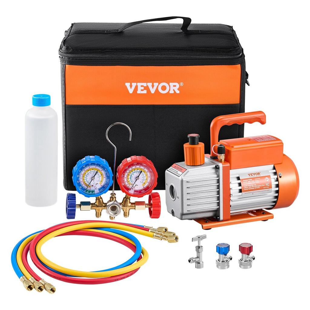 3.5 CFM HVAC Single Stage Rotary Vane Vacuum Pump and Manifold Gauge Kit Compatible with R134a, R22, R12, and R502 Refrigerants