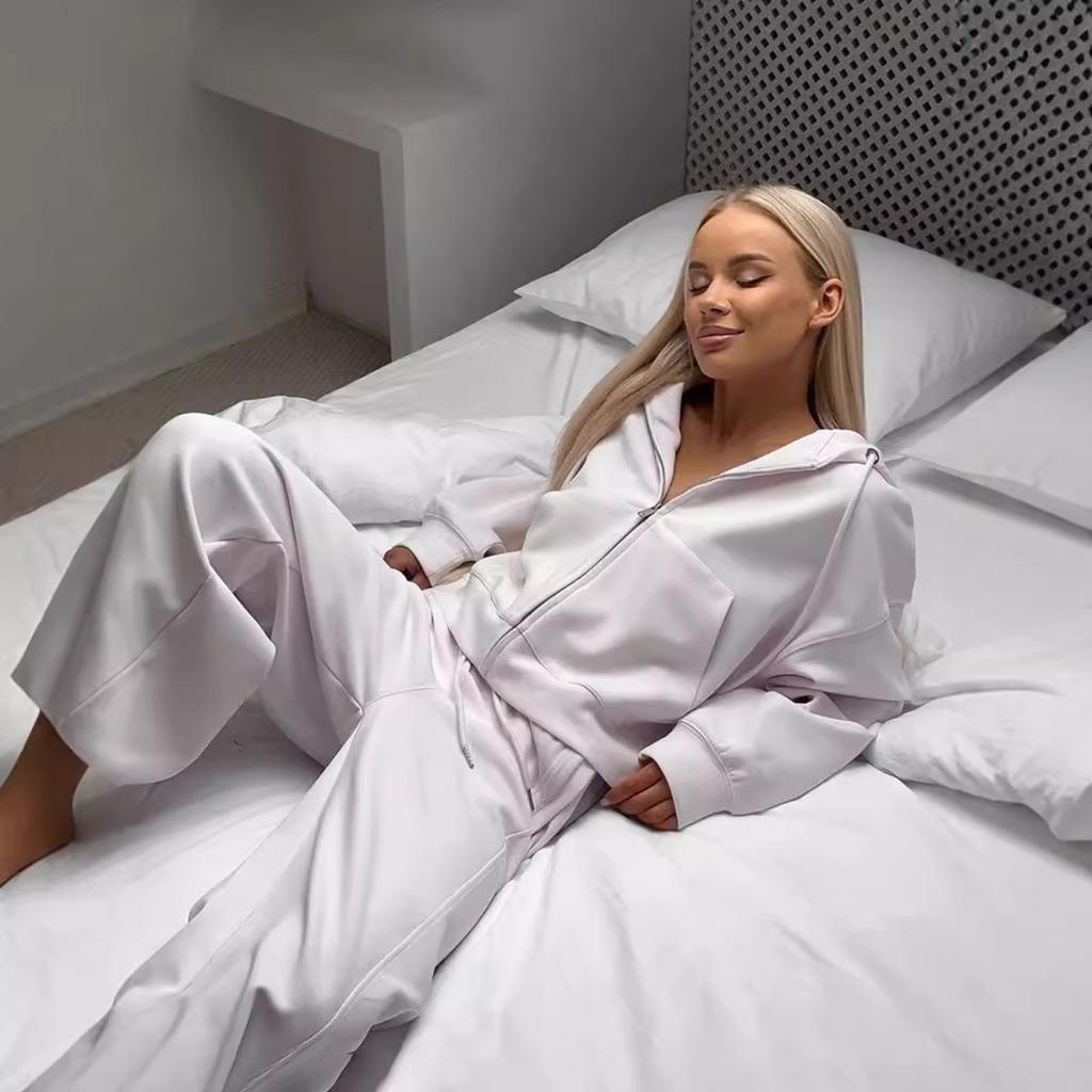 Women's New Zipper Hooded Sports Cardigan with Tie Up Pants Two-piece Casual Set