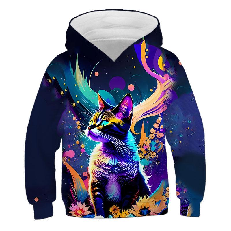 Girls' hooded long-sleeve sweatshirt, cute 3D cat pattern, children's spring and autumn casual outdoor pullover