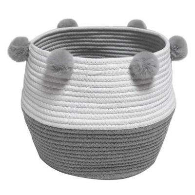 Basket - SUZY - Bicolor Grey/White - Cotton - 28x23 Cm - With Pompons