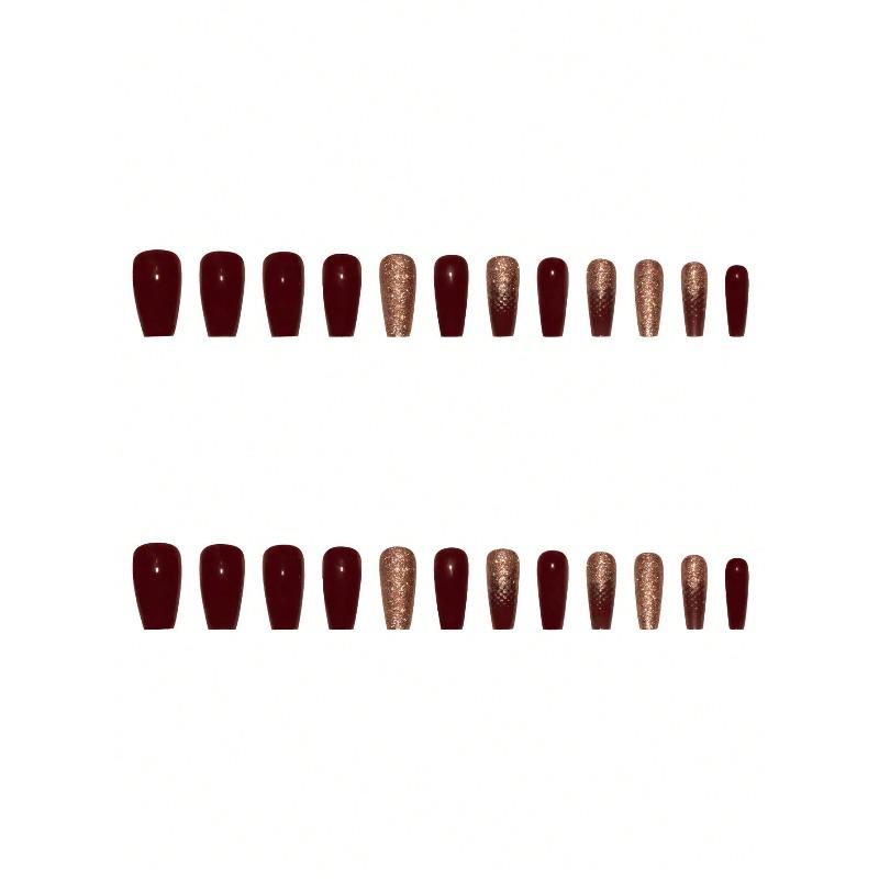 Square Press On Nails Set Elegant Burgundy Glitter Fake Nails Fashion Gold Loose Powder Fake Nails Full Coverage Fake Nail Tips for Women