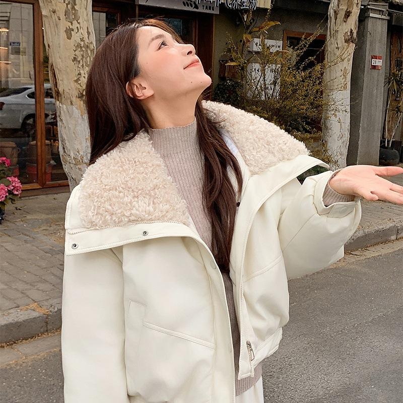 Fleece thickened short leather jacket lamb wool pu cotton clothes women's European and American coats winter new zipper hooded leather cotton clothes