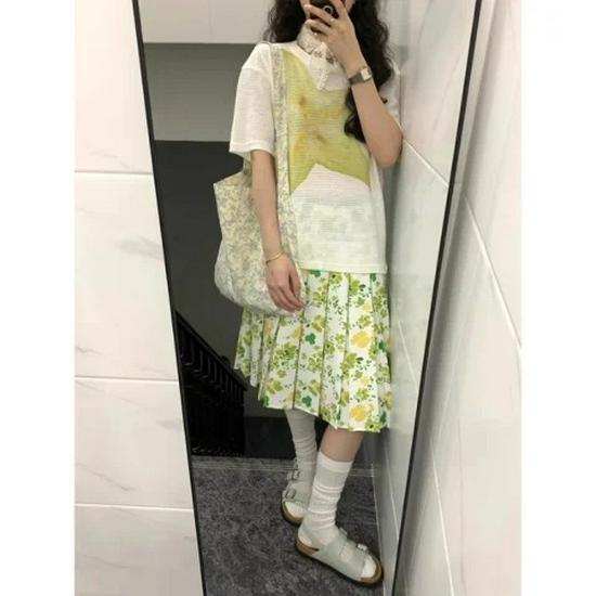 

American Retro Floral Pleated Midi Skirt - Women s Spring/Summer 2025 Collection, Pink, Versatile, Casual, High-Quality. S зелёный