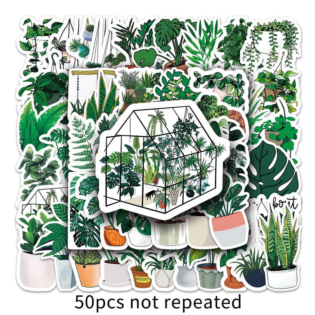 50 Sheets Cartoon Style Green Plants Decorative Stickers for Suitcases, Skateboards, and Cars