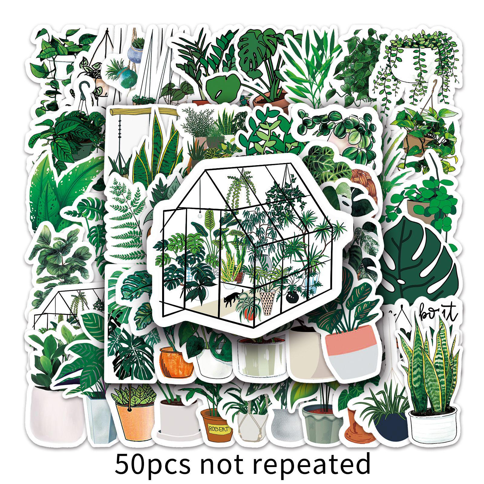50 Cartoon Style Green Plant Graffiti Stickers for Notebooks, Luggage, and DIY Projects