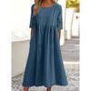 Plus-size Loose Cotton Linen Round Neck Pocket Five-quarter Sleeve Mid-length Dress