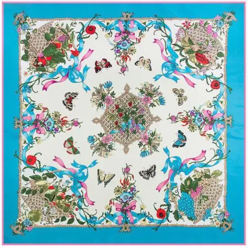 New Brand Bandana Shawl 100% Twill Silk Scarf Floral 130cm Square Scarves Print Kerchief Woman Headband Hijab Scarf&Wraps