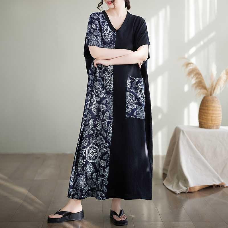 Cotton and Linen Slimming Short Sleeved Color Blocked Ultra Long Dress for Women